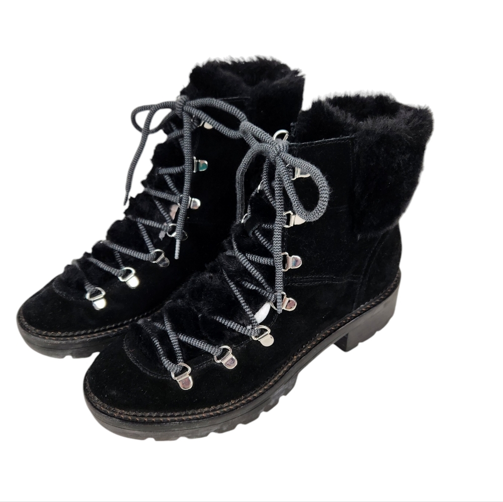 Marc Fisher Capell Black Lace Up Suede Leather Faux Fur Boots Women's Size 8.5